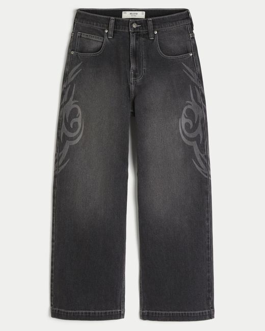 Hollister Gray Washed Black Graphic Super Baggy Jeans for men