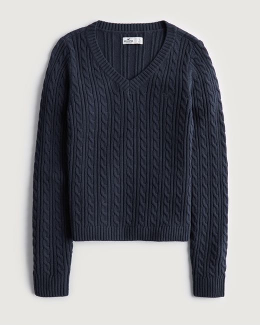 Hollister Blue Cable-knit Icon V-neck Sweater