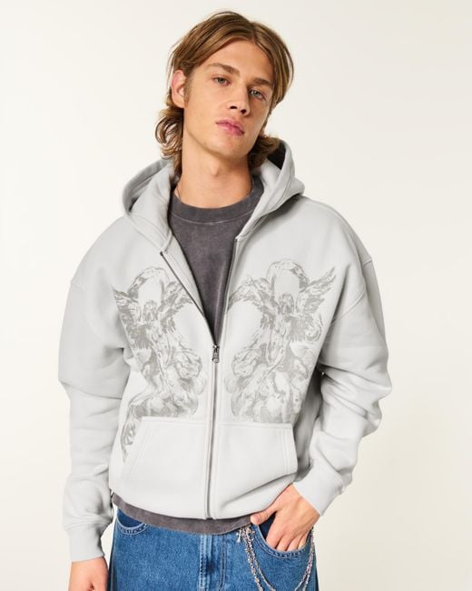Hollister Gray Hollister Feel Good Boxy Zip-up Angel Graphic Hoodie for men