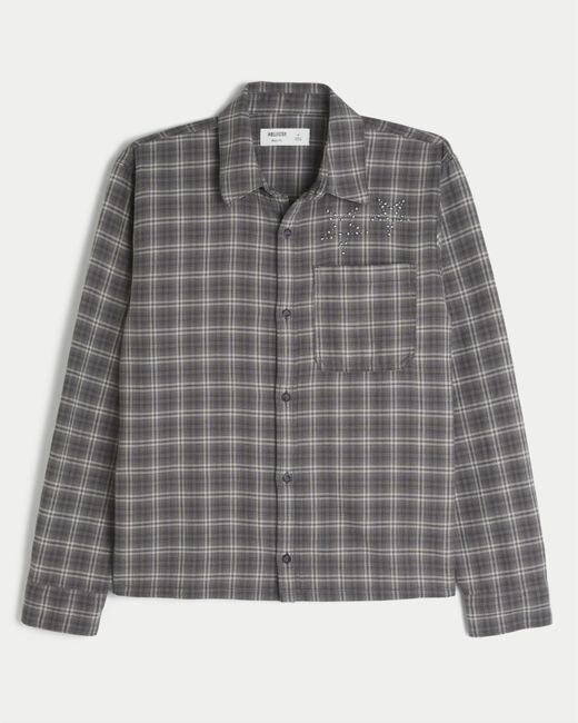 Hollister Gray Boxy Embellished Flannel Shirt for men