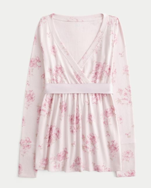 Hollister Pink Easy Long-sleeve Wrap-front Babydoll Top