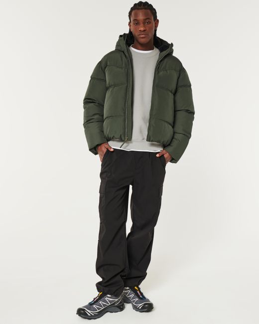Hollister Green Faux Fur-lined Hooded Puffer Jacket for men
