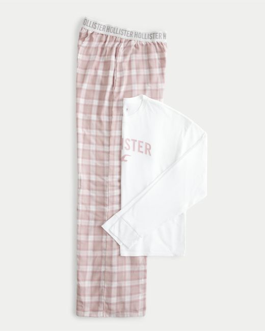 Hollister White Long-sleeve Tee & Wide-leg Pajama Pants Sleep Set