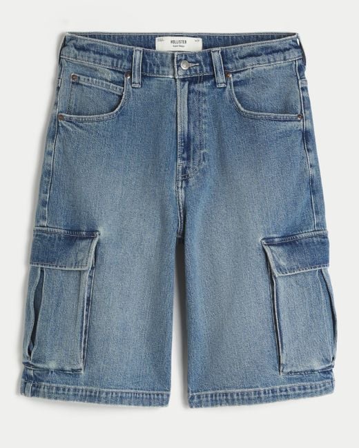 Hollister Blue Medium Wash Super Baggy Denim Cargo Shorts for men
