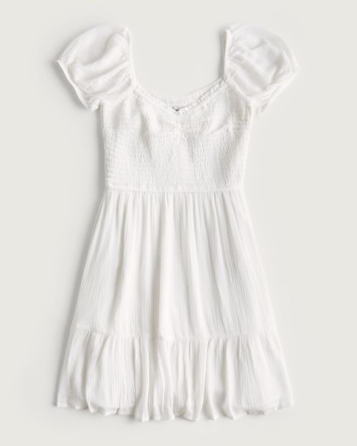 Hollister White Short-sleeve Smocked Bodice Mini Dress