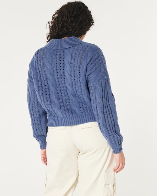 Hollister Blue Easy Long-sleeve Cable-knit Polo Sweater