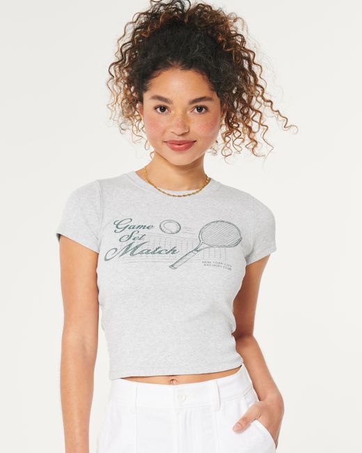 Hollister White Game Set Match Tennis Graphic Ribbed Baby Tee
