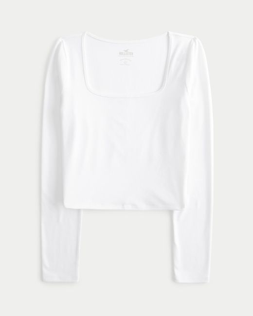 Hollister White Seamless Fabric Long-sleeve Square-neck T-shirt
