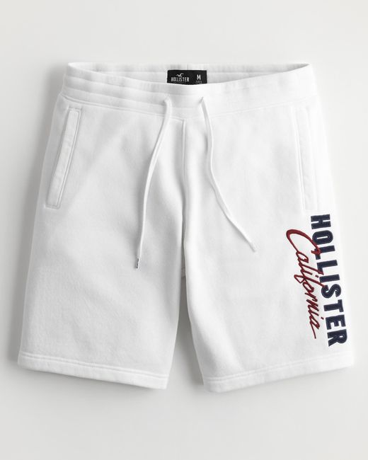 Hollister White Embroidered Logo Graphic Fleece Shorts 9" for men