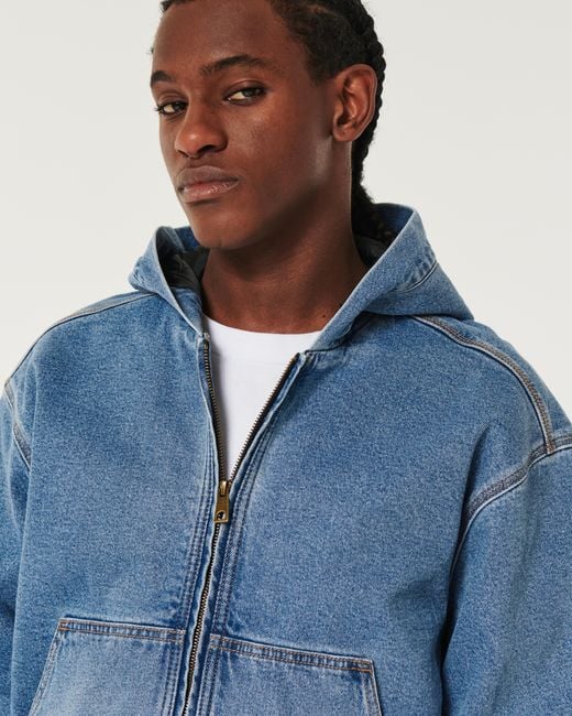 Hollister Blue Hooded Denim Workwear Bomber Jacket for men