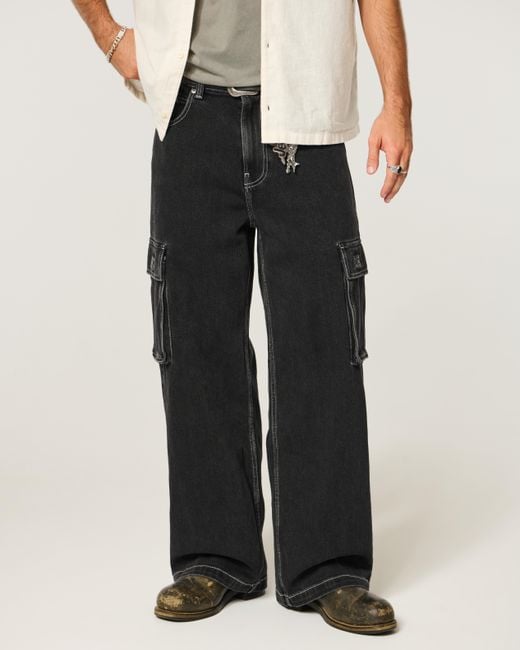 Hollister Washed Black Super Baggy Cargo Jeans for men