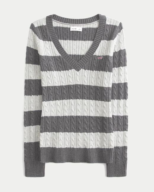 Hollister Gray Cable-knit Icon V-neck Sweater