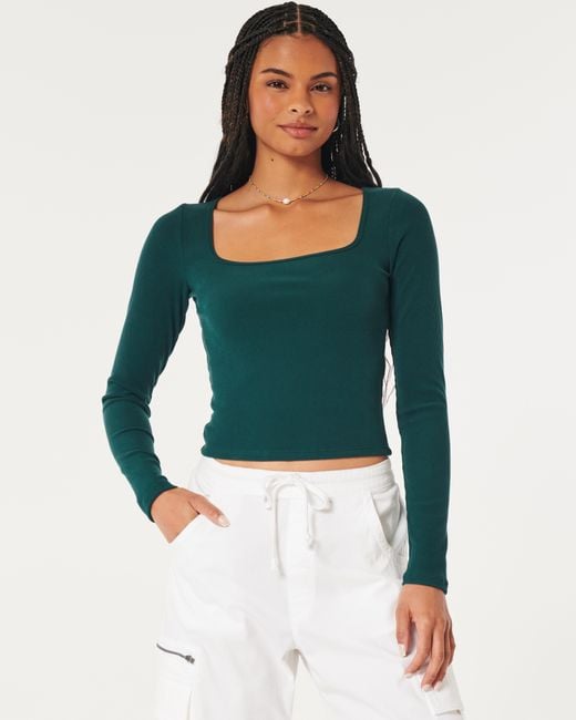 Hollister Green Ribbed Seamless Fabric Square-neck Top
