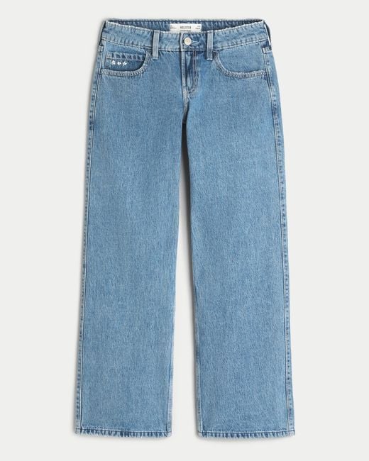 Hollister Blue Low Rise Baggy-Jeans in mittlerer Waschung mit bestickten Früchten