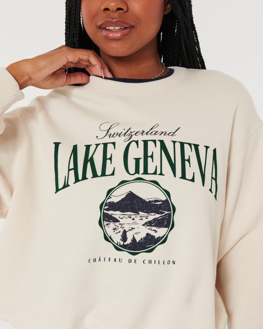 Hollister Natural Easy Lake Geneva Switzerland Graphic Crew Sweatshirt