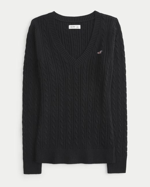 Hollister Black Cable-knit V-neck Icon Sweater