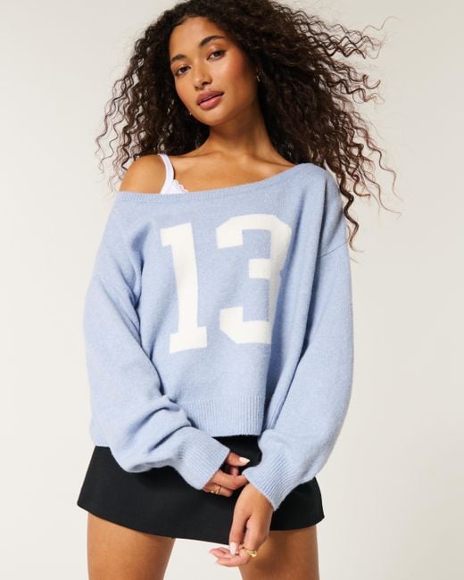 Hollister Blue Fy Cloud Easy Off-the-shoulder Number Graphic Sweater