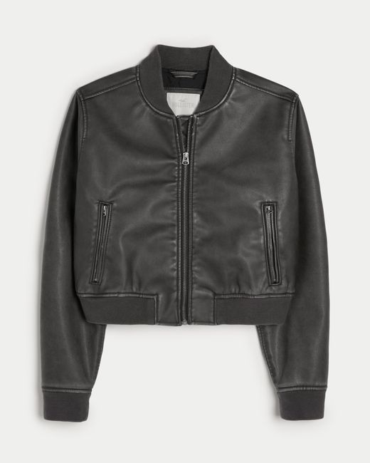 Hollister Black Zip-up Vegan Leather Bomber Jacket