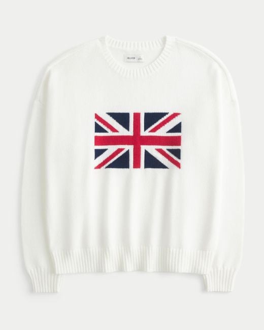 Hollister White Easy Union Jack Graphic Crew Sweater