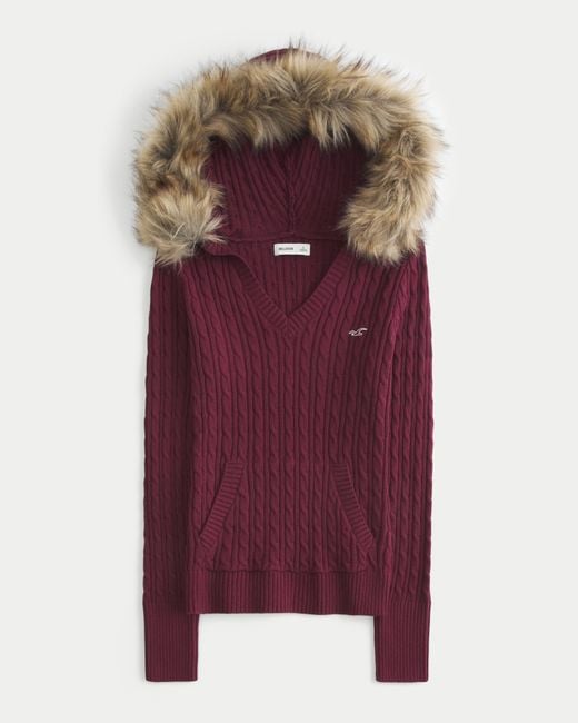 Hollister Purple Faux Fur Trim Hooded Cable-knit Sweater