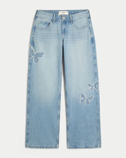 Hollister Blue Low-rise Light Wash Butterfly Applique Baggy Jeans