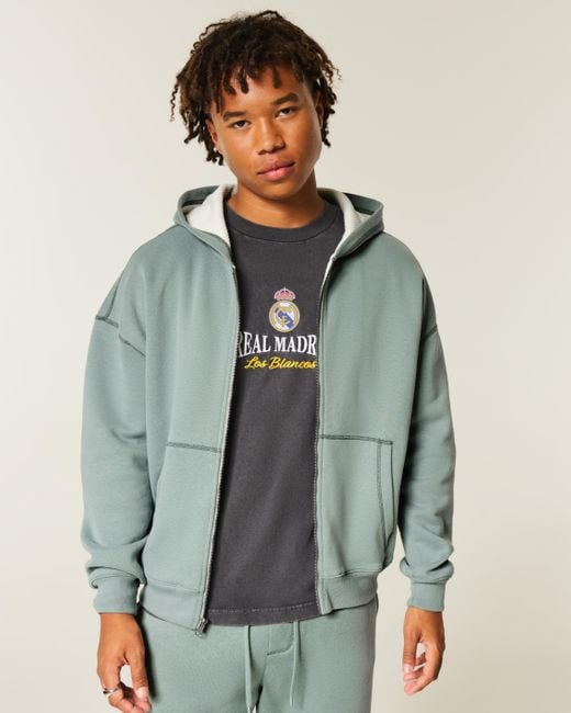 Hollister Green Boxy Thermal-lined Zip-up Hoodie for men