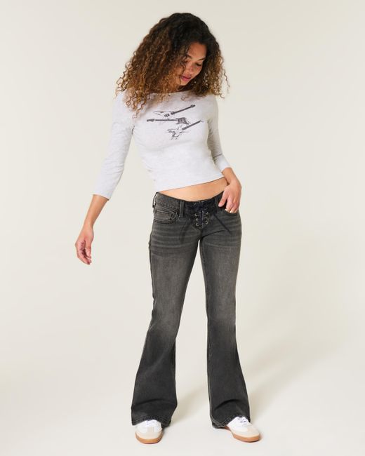 Hollister Ultra Low-rise Washed Black Lace-up Flare Jeans