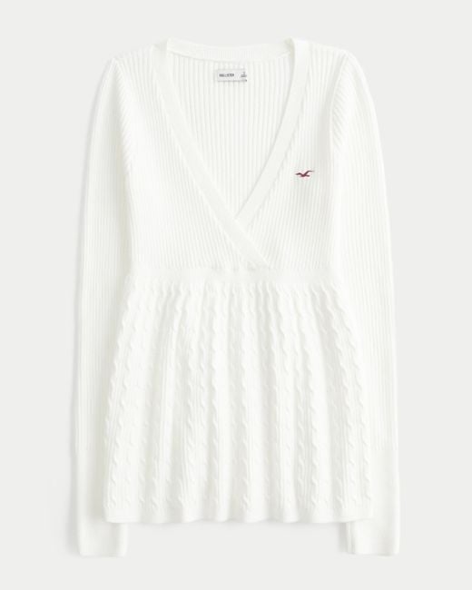 Hollister White Wrap Front Long-sleeve Babydoll Sweater