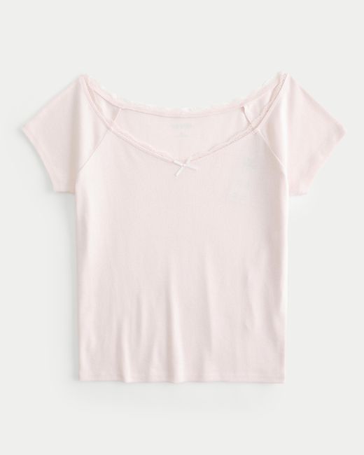 Hollister Pink Off-the-shoulder Lace Trim Top