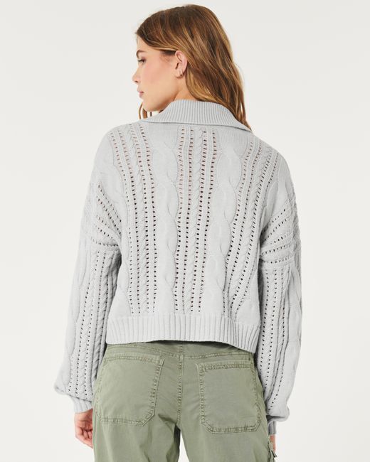 Hollister Gray Easy Long-sleeve Cable-knit Polo Sweater