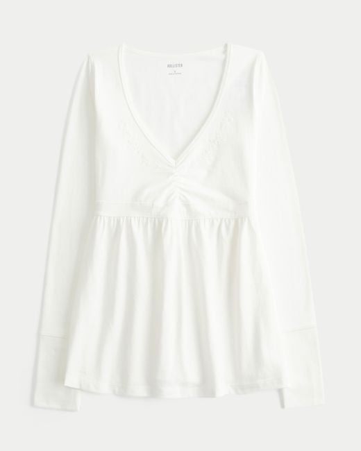 Hollister White Long-sleeve Pinch Bust Babydoll Top