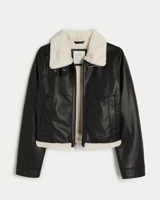 Hollister Black Faux Fur-lined Vegan Leather Crop Biker Jacket