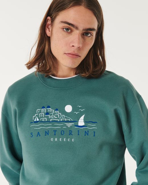 Hollister Green Relaxed Santorini Greece Graphic Crew Sweatshirt for men