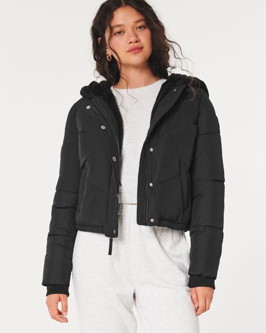 Hollister Ultimate Faux Furlined Hooded Puffer Jacket in Black Lyst UK