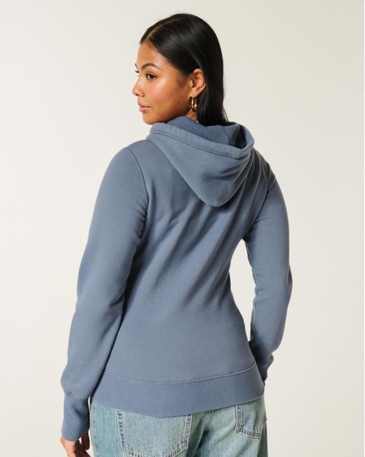 Hollister Blue Hollister Feel Good Waffle Lined Hood Zip-up Logo Graphic Hoodie