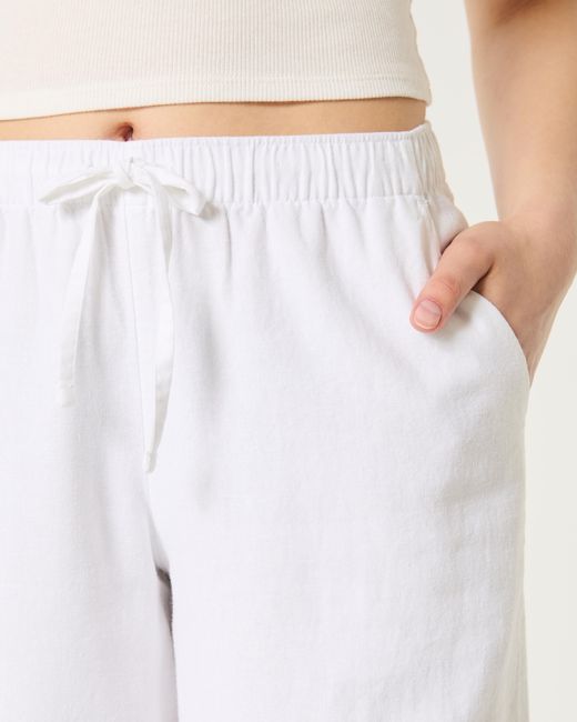 Hollister White Adjustable Rise Pull-on Linen Blend Wide-leg Pants
