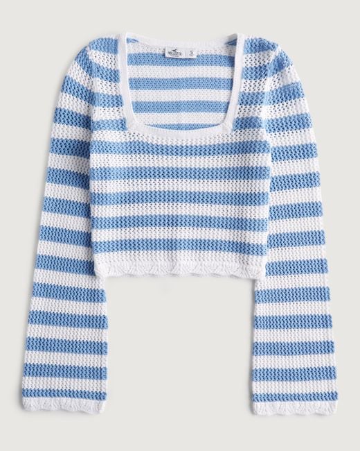 Hollister Blue Long-sleeve Crochet Square-neck Sweater