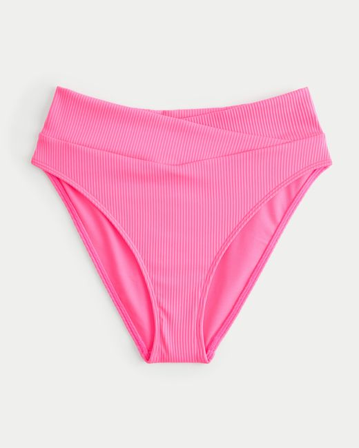 Hollister Pink Gerippte Bikinihose mit hohem überkreuzten Bund