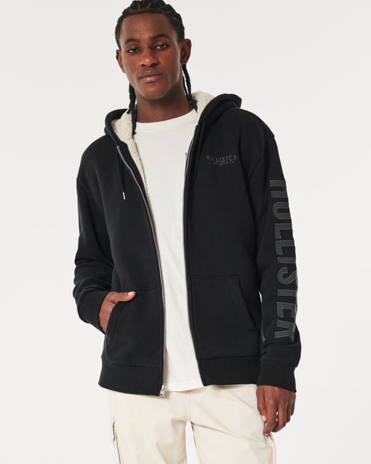 Hollister Faux Shearling lined Zip up Hoodie in Black for Men