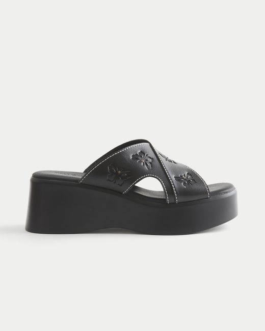Hollister Black Embossed Faux Leather Platform Sandals
