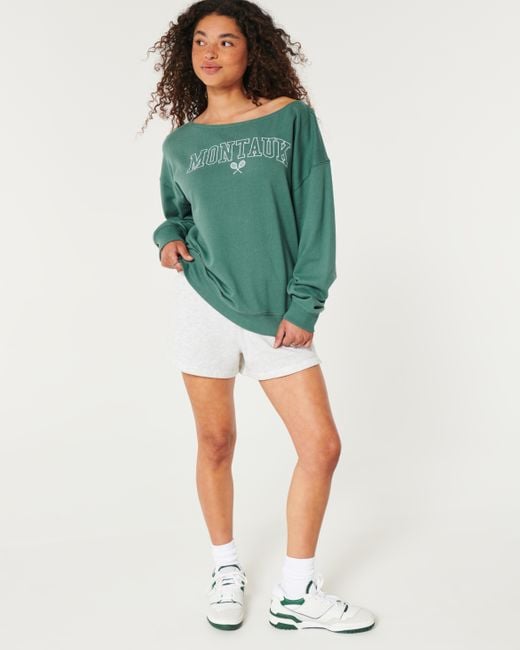 Hollister Green Schulterfreies Oversized-Sweatshirt mit Montauk-Grafik
