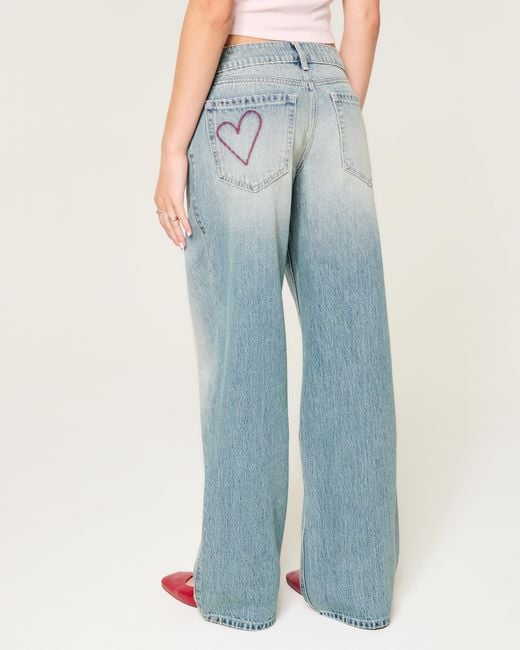 Hollister Blue Low-rise Medium Wash Heart Embroidery Baggy Jeans