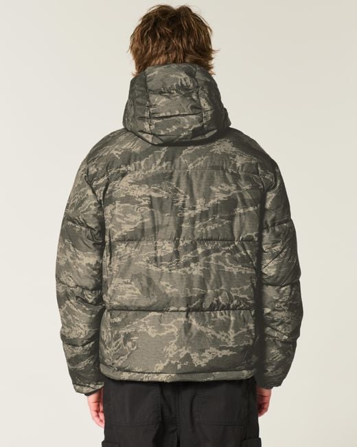 Hollister Green Hooded Camo Puffer Jacket for men