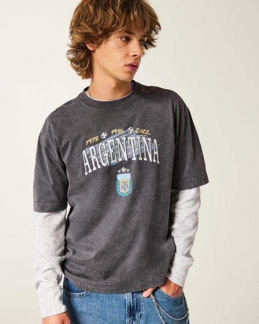 Hollister Black Boxy Heavyweight Argentine Football Association Graphic Tee for men