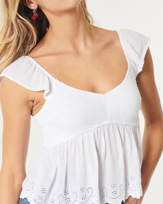 Hollister White Easy Smocked Babydoll Top