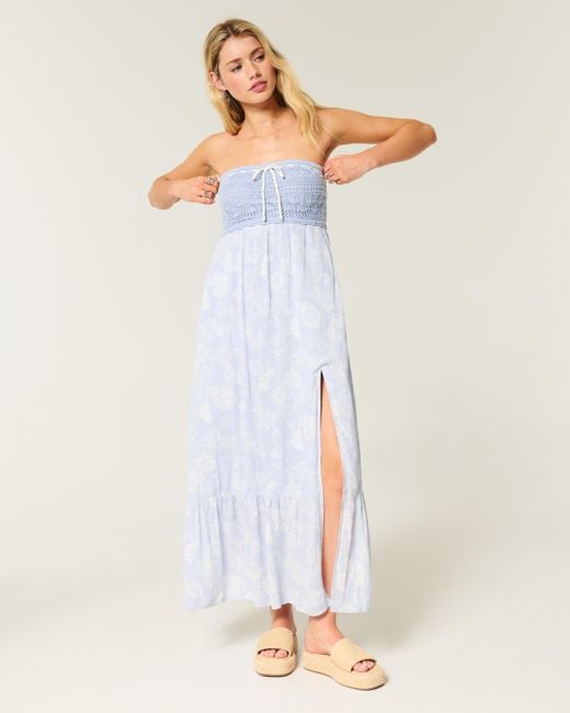 Hollister Blue Trägerloses Maxikleid aus Materialmix im Häkelstil