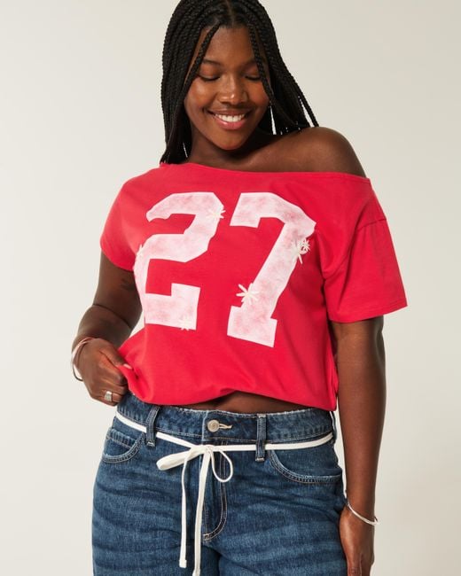 Hollister Red Easy Off-the-shoulder Number Graphic Tee