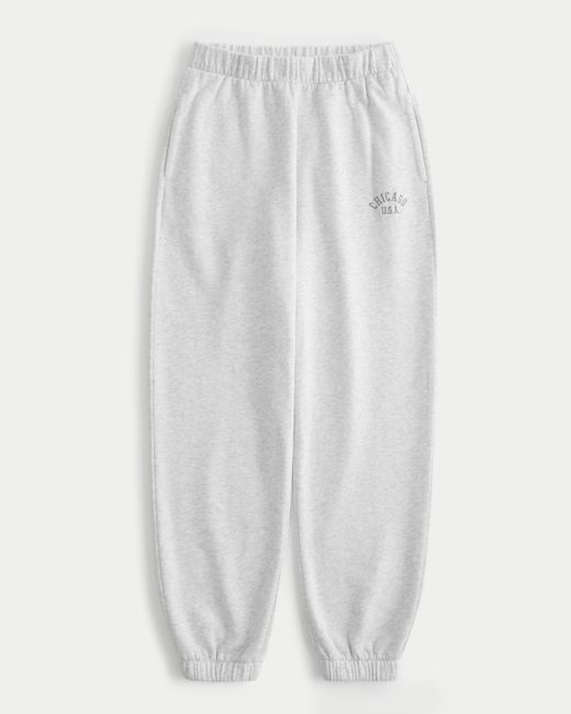 Hollister White Fleece Chicago Graphic Dad Joggers