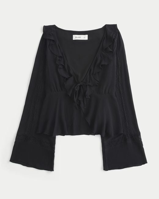 Hollister Black Easy Long-sleeve Ruffle Babydoll Top