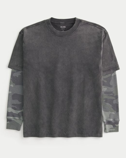Hollister Gray Layered 2-in-1 Long-sleeve Crew T-shirt for men